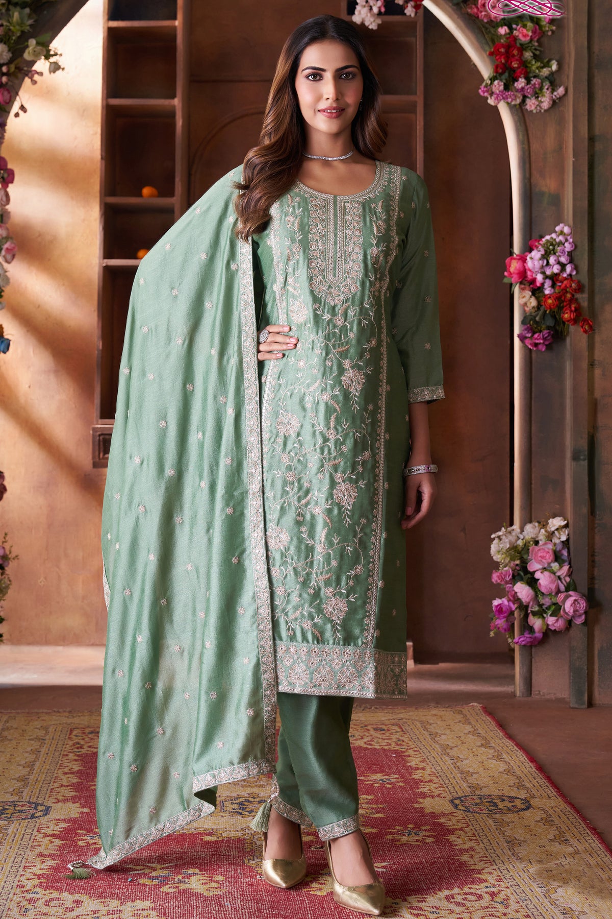 Sage Green Art Silk Embroidered Straight Cut Suit