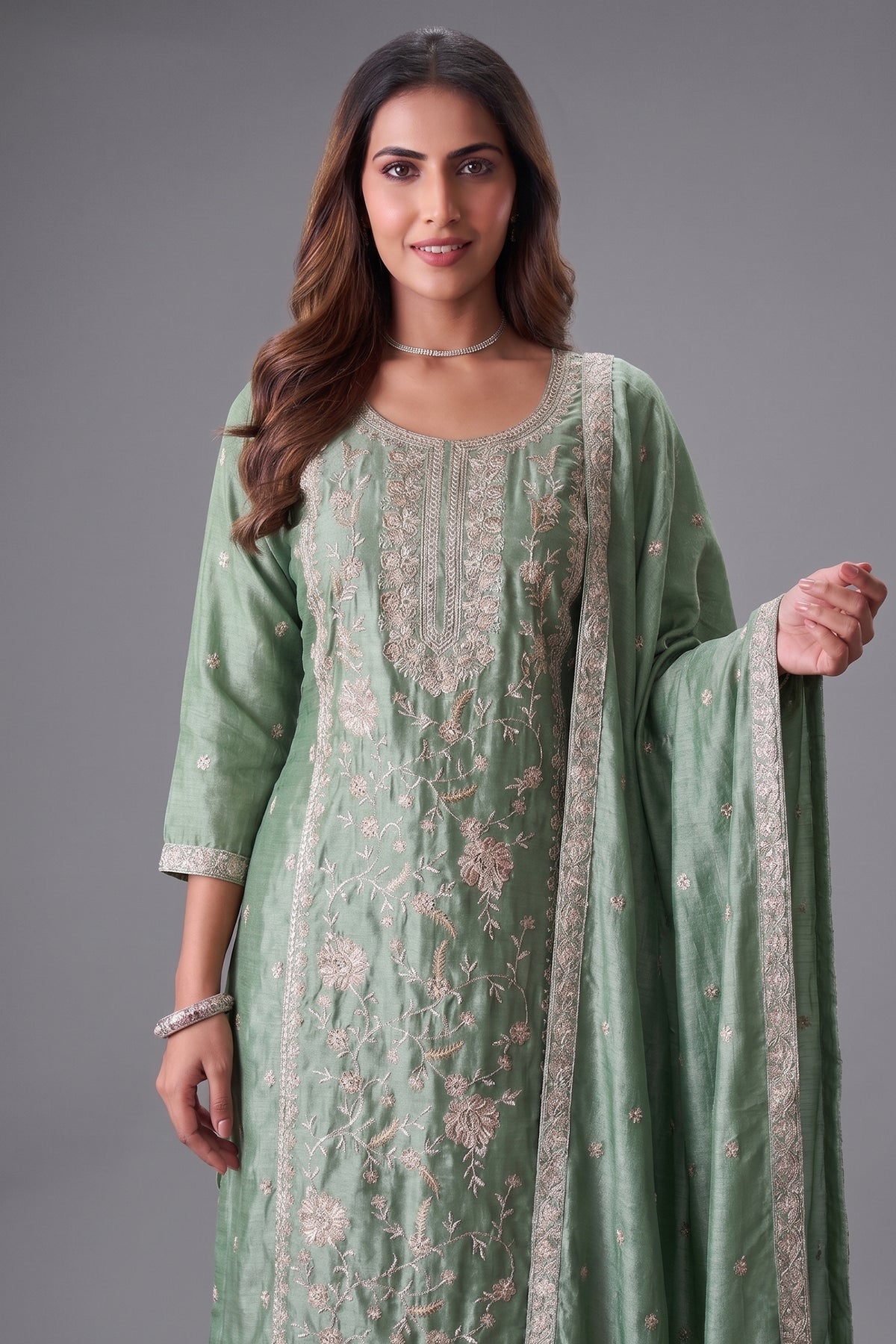 Sage Green Art Silk Embroidered Straight Cut Suit
