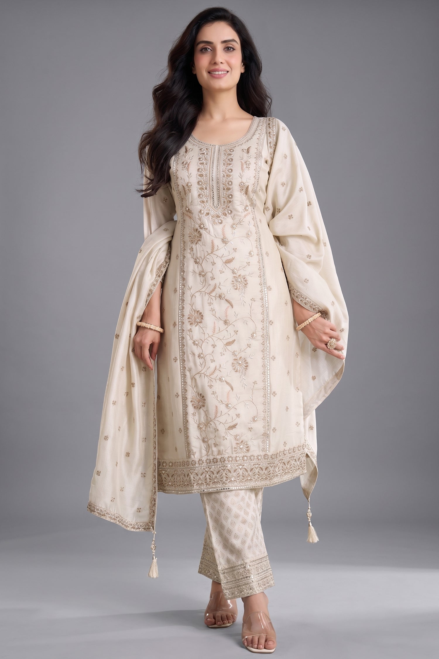 Ivory White Art Silk Embroidery and Applique Worked Straight Cut Suit Main image