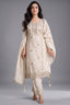Ivory White Art Silk Embroidery and Applique Worked Straight Cut Suit