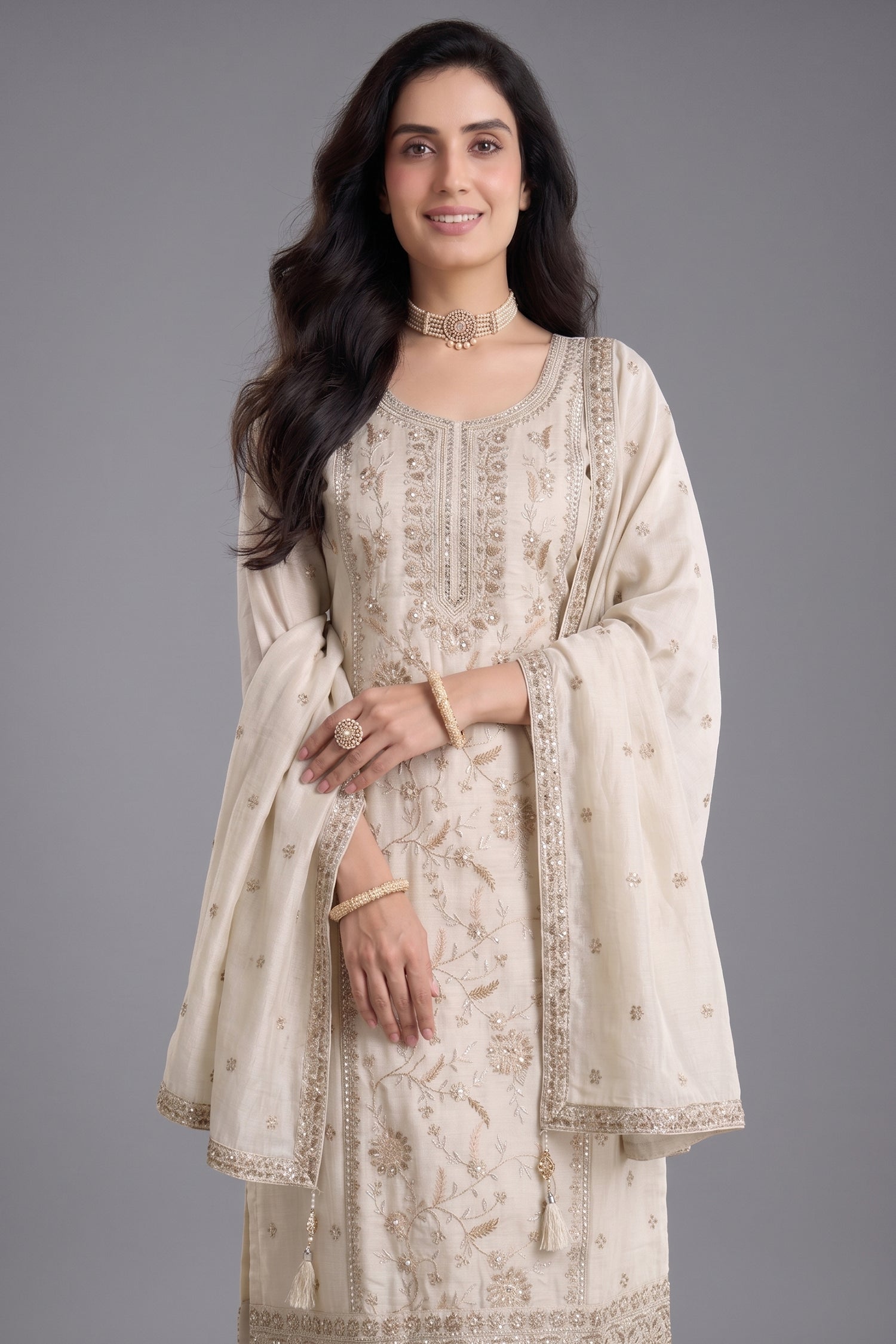 Ivory White Art Silk Embroidery and Applique Worked Straight Cut Suit Secondary image