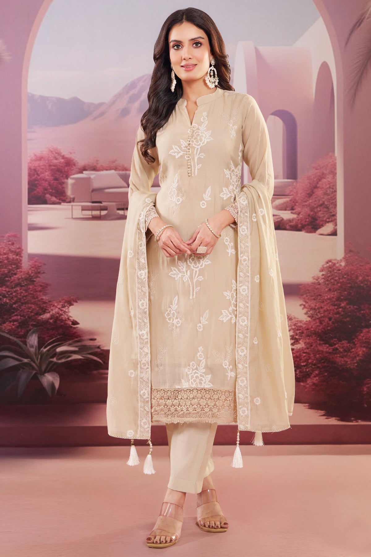 Beige Art Silk Floral Embroidered Straight Cut Suit