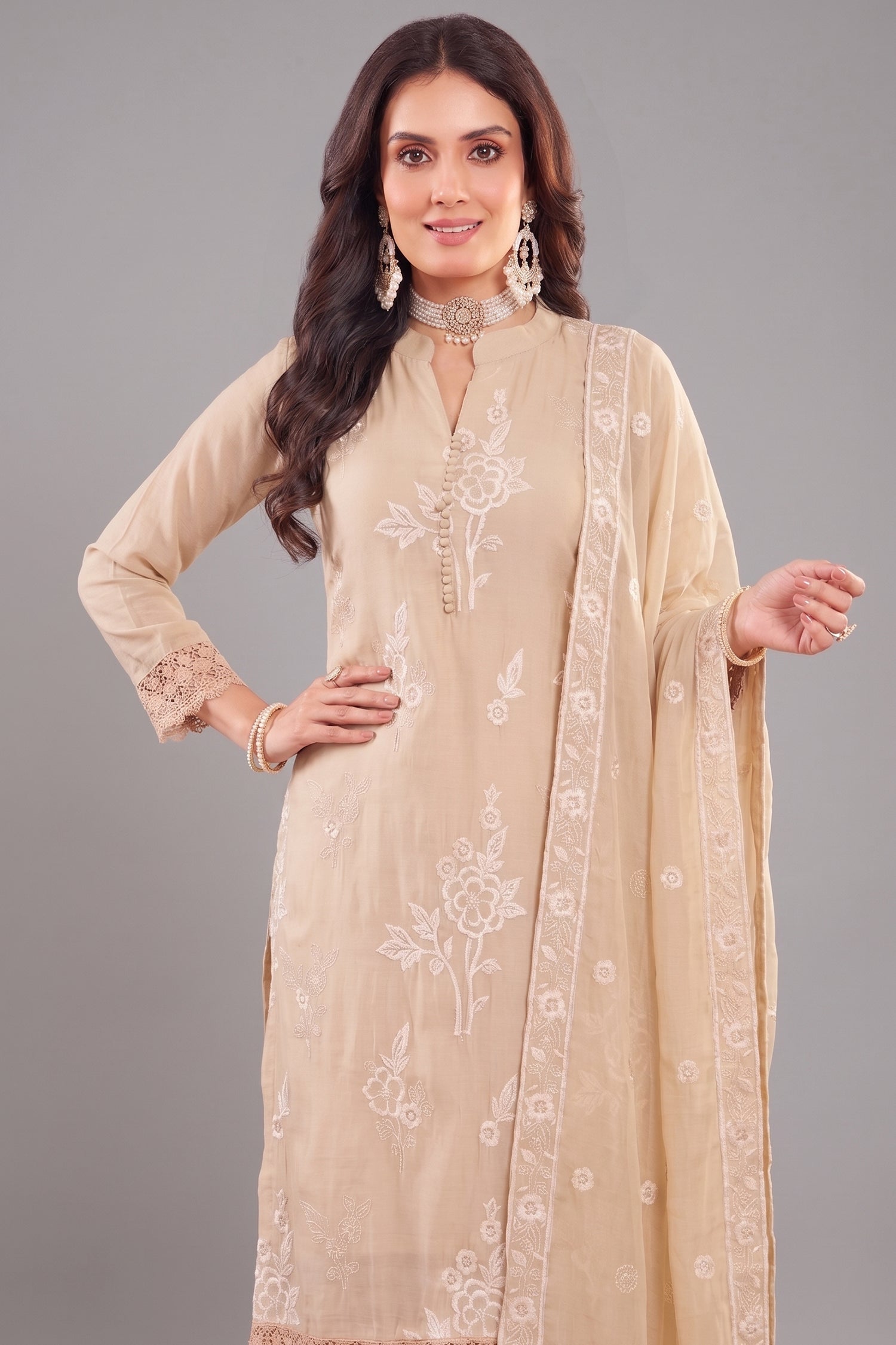 Beige Art Silk Floral Embroidered Straight Cut Suit Secondary image