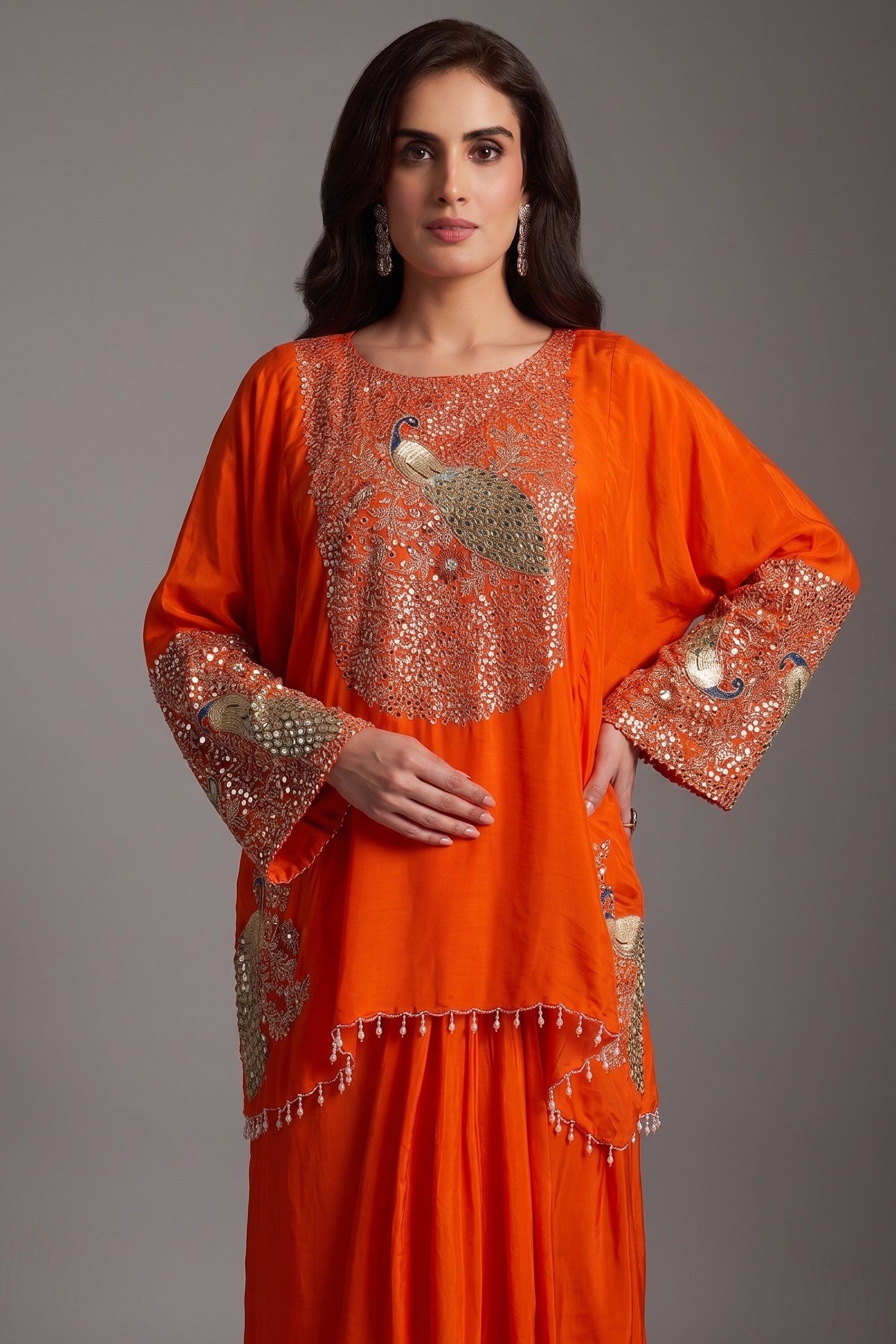Orange Satin Sequin and Embroidery Worked Kaftan Style Top with Draped Skirt Secondary image