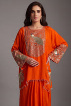 Orange Satin Sequin and Embroidery Worked Kaftan Style Top with Draped Skirt