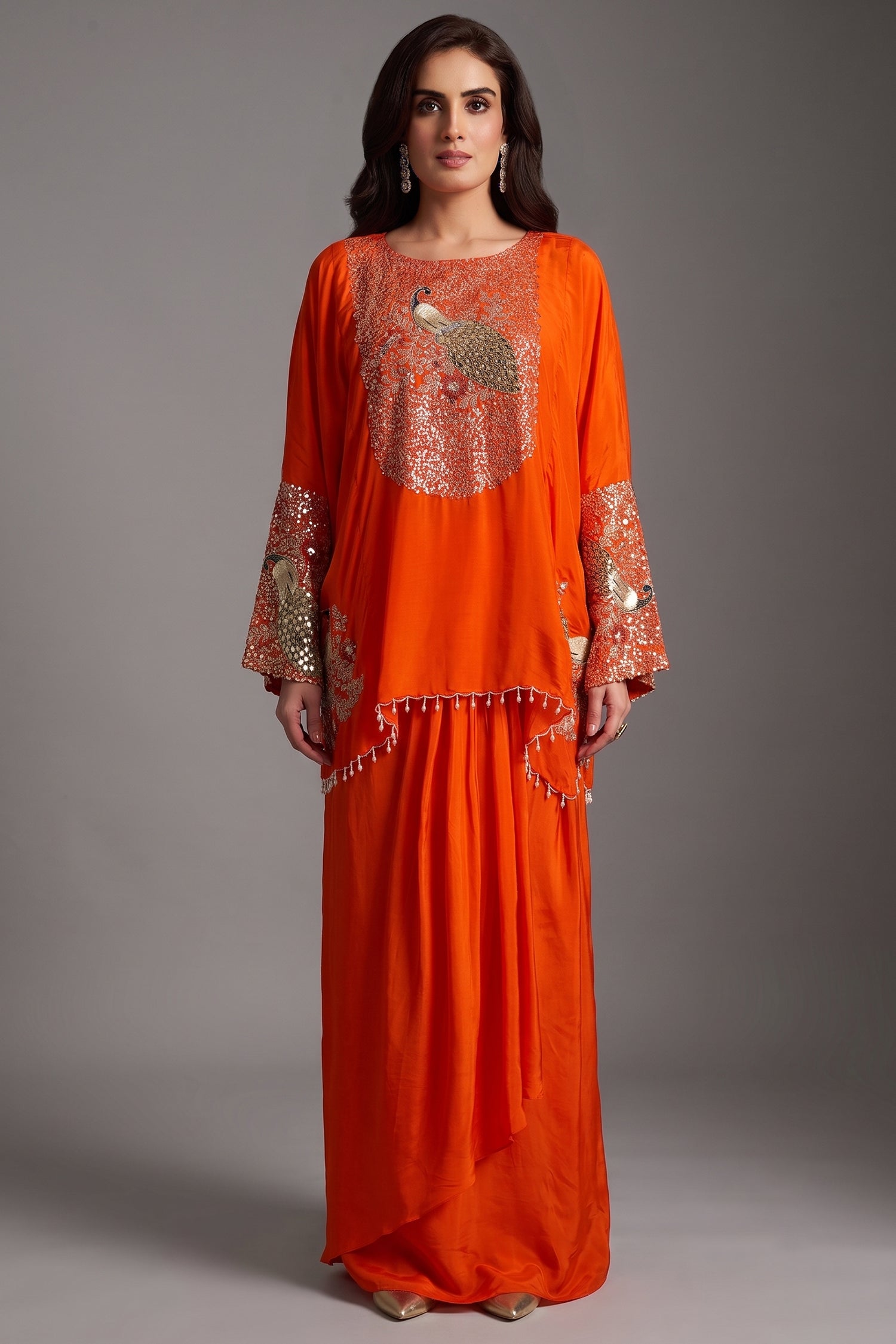 Orange Satin Sequin and Embroidery Worked Kaftan Style Top with Draped Skirt Main image