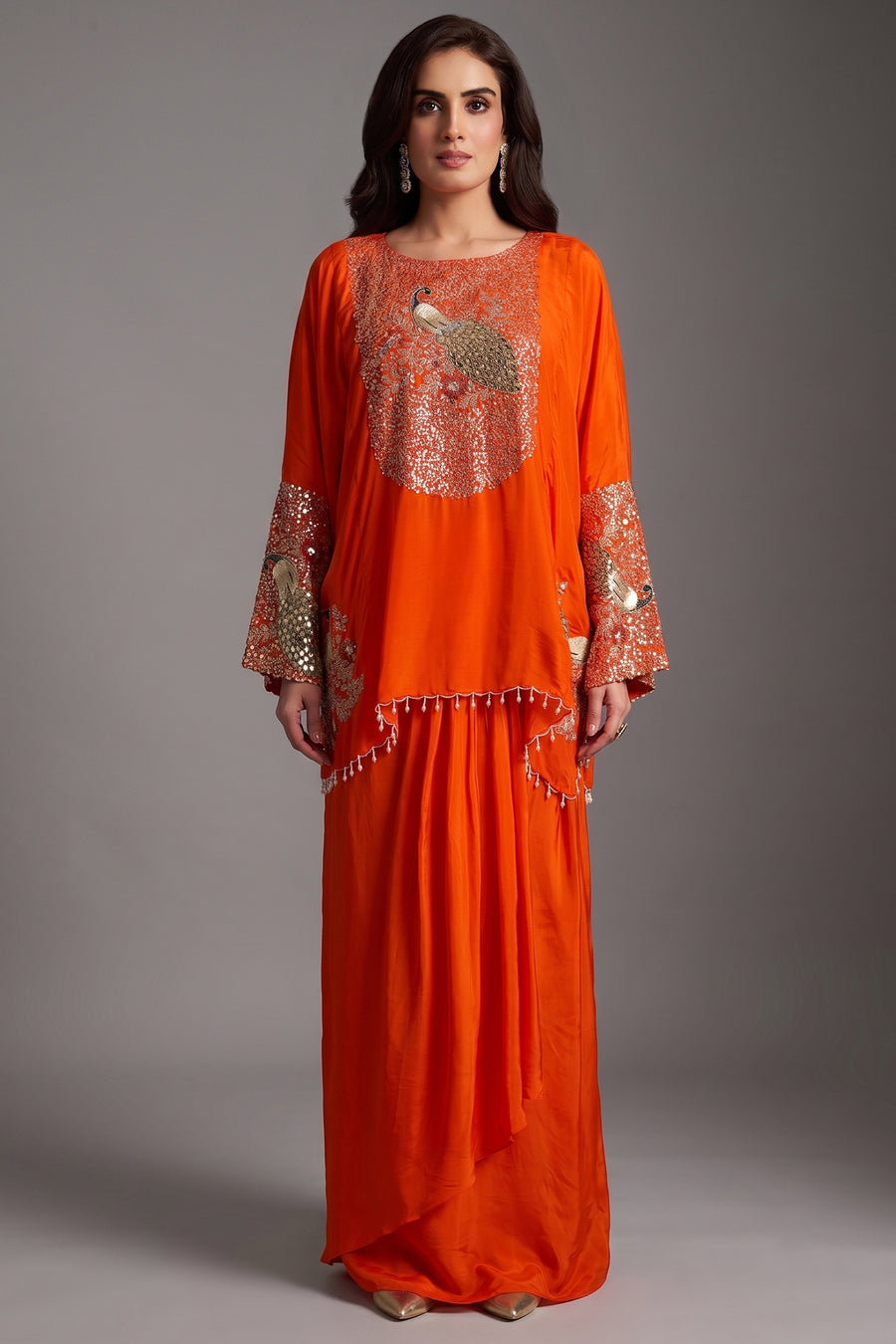 Orange Satin Sequin and Embroidery Worked Kaftan Style Top with Draped Skirt