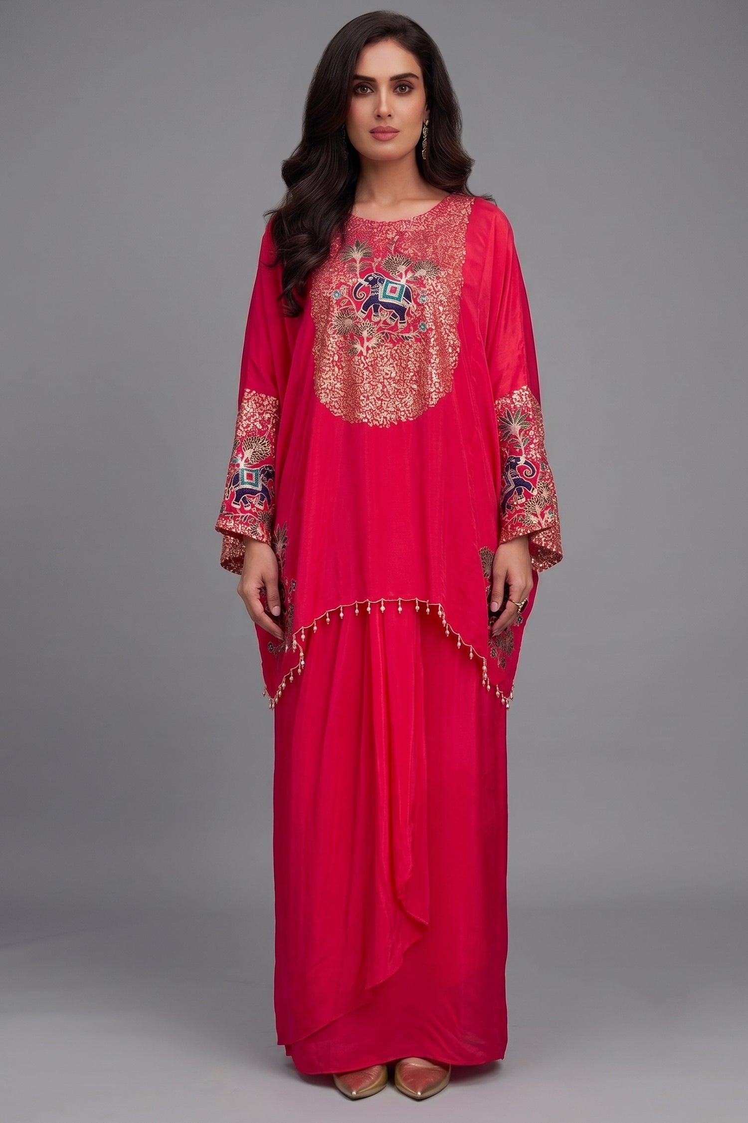 Rani Pink Satin Sequin and Embroidery Worked Kaftan Style Top with Draped Skirt Main image