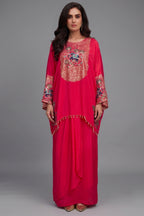 Rani Pink Satin Sequin and Embroidery Worked Kaftan Style Top with Draped Skirt