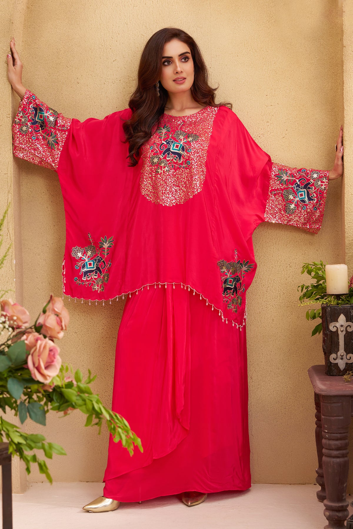 Rani Pink Satin Sequin and Embroidery Worked Kaftan Style Top with Draped Skirt
