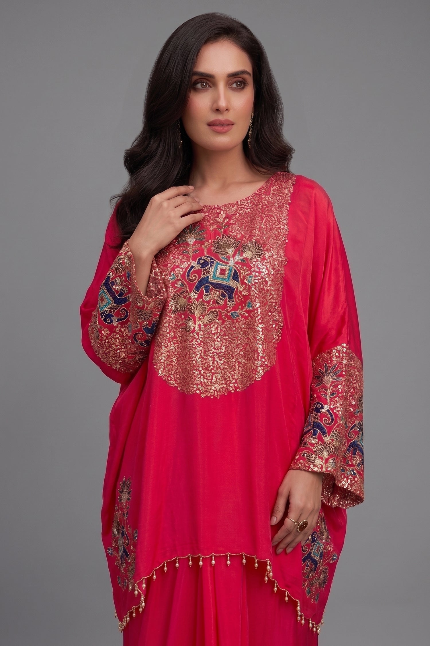 Rani Pink Satin Sequin and Embroidery Worked Kaftan Style Top with Draped Skirt Secondary image