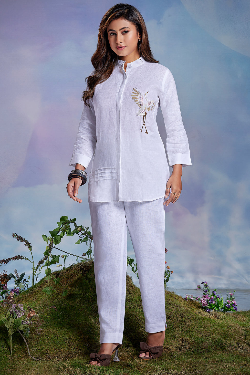 Pearl White Cotton Bird Motif Co-Ord Set