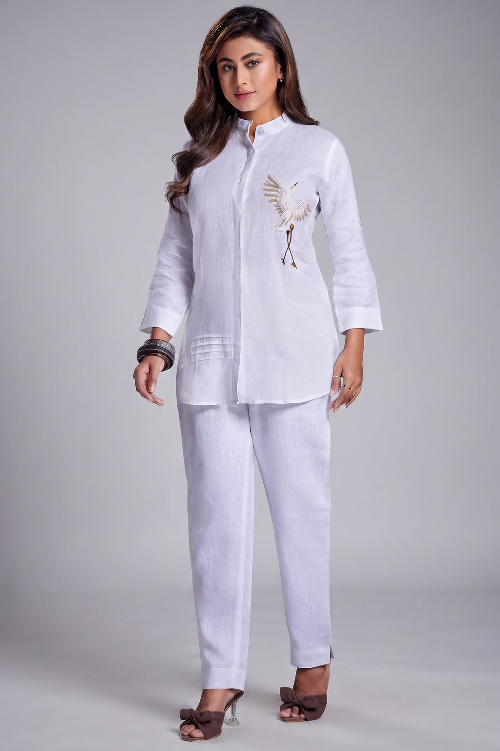 Pearl White Cotton Bird Motif Co-Ord Set