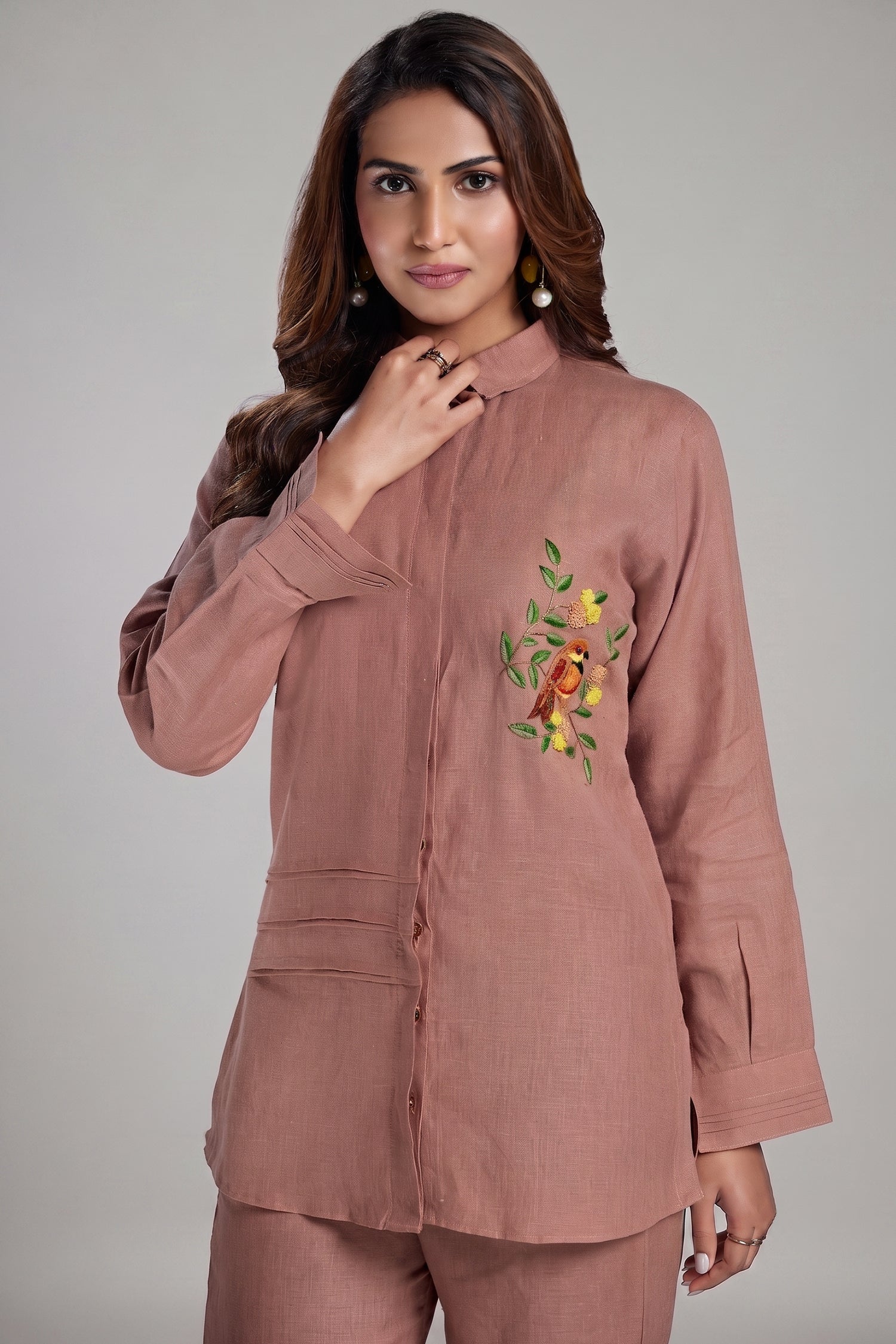 Rustic Brown Linen Embroidered Co-Ord Set Secondary image