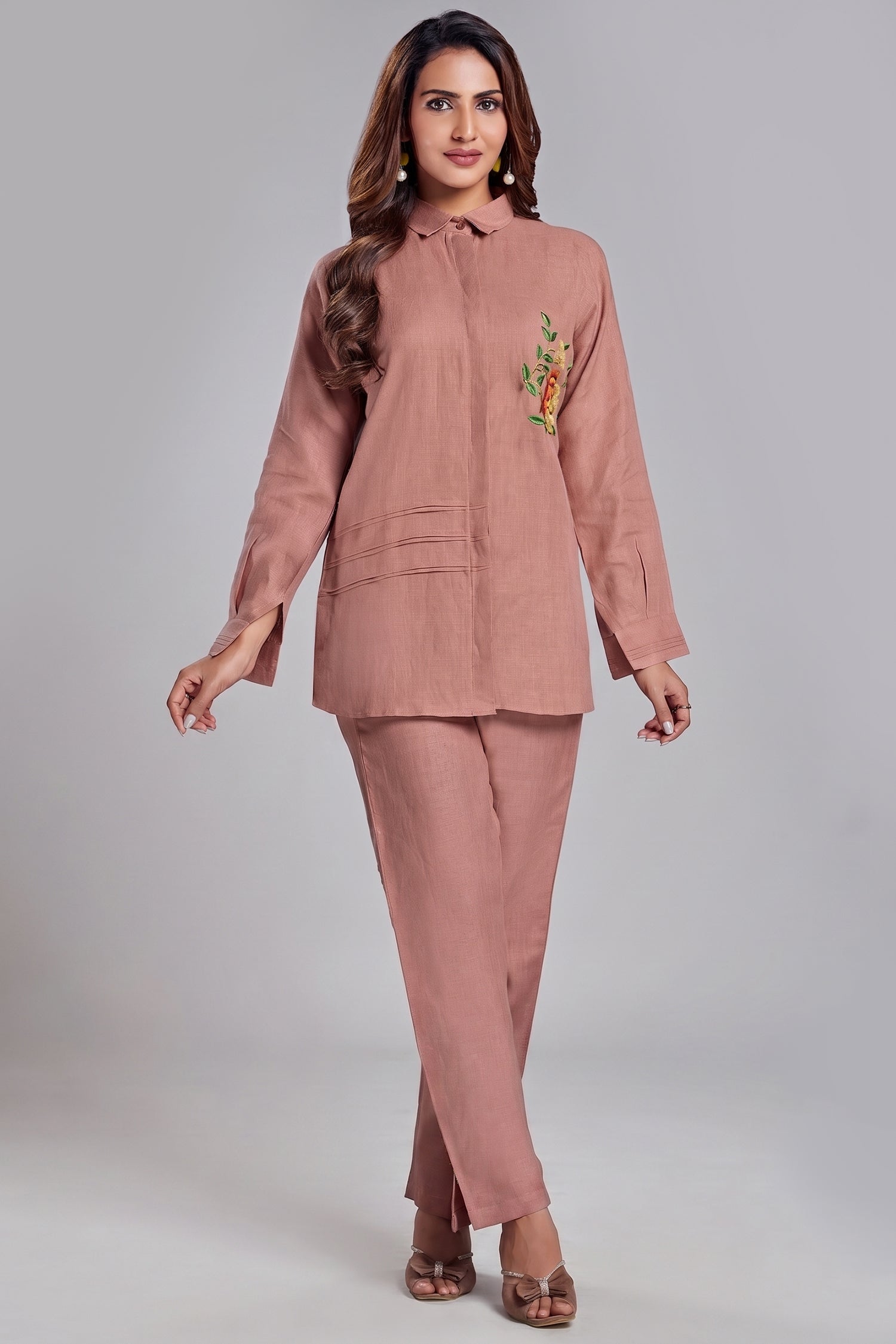 Rustic Brown Linen Embroidered Co-Ord Set Main image