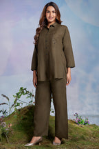 Dark Olive Green Linen Cutdana Worked Co-Ord Set