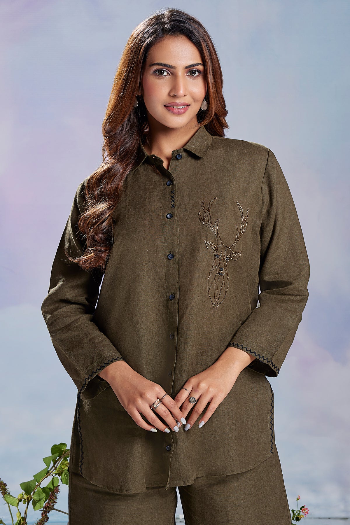 Dark Olive Green Linen Cutdana Worked Co-Ord Set