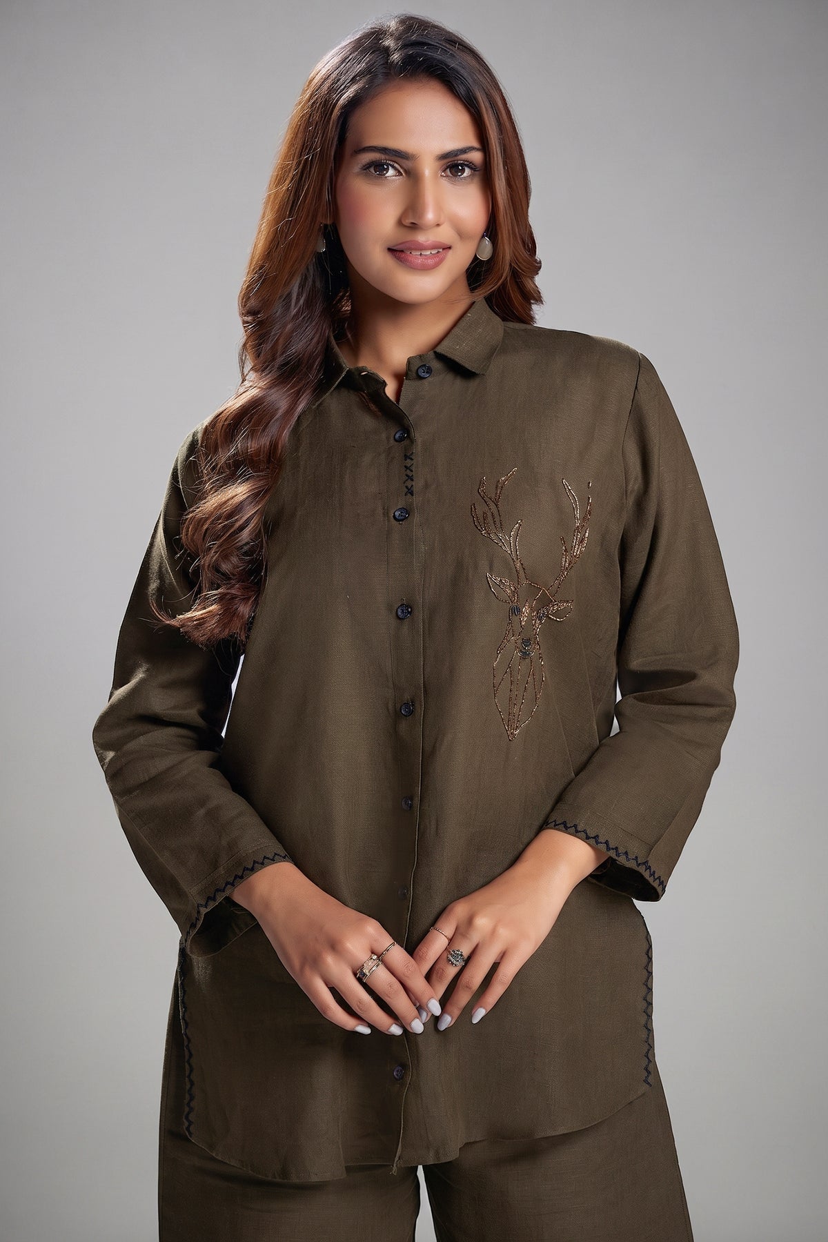 Dark Olive Green Linen Cutdana Worked Co-Ord Set