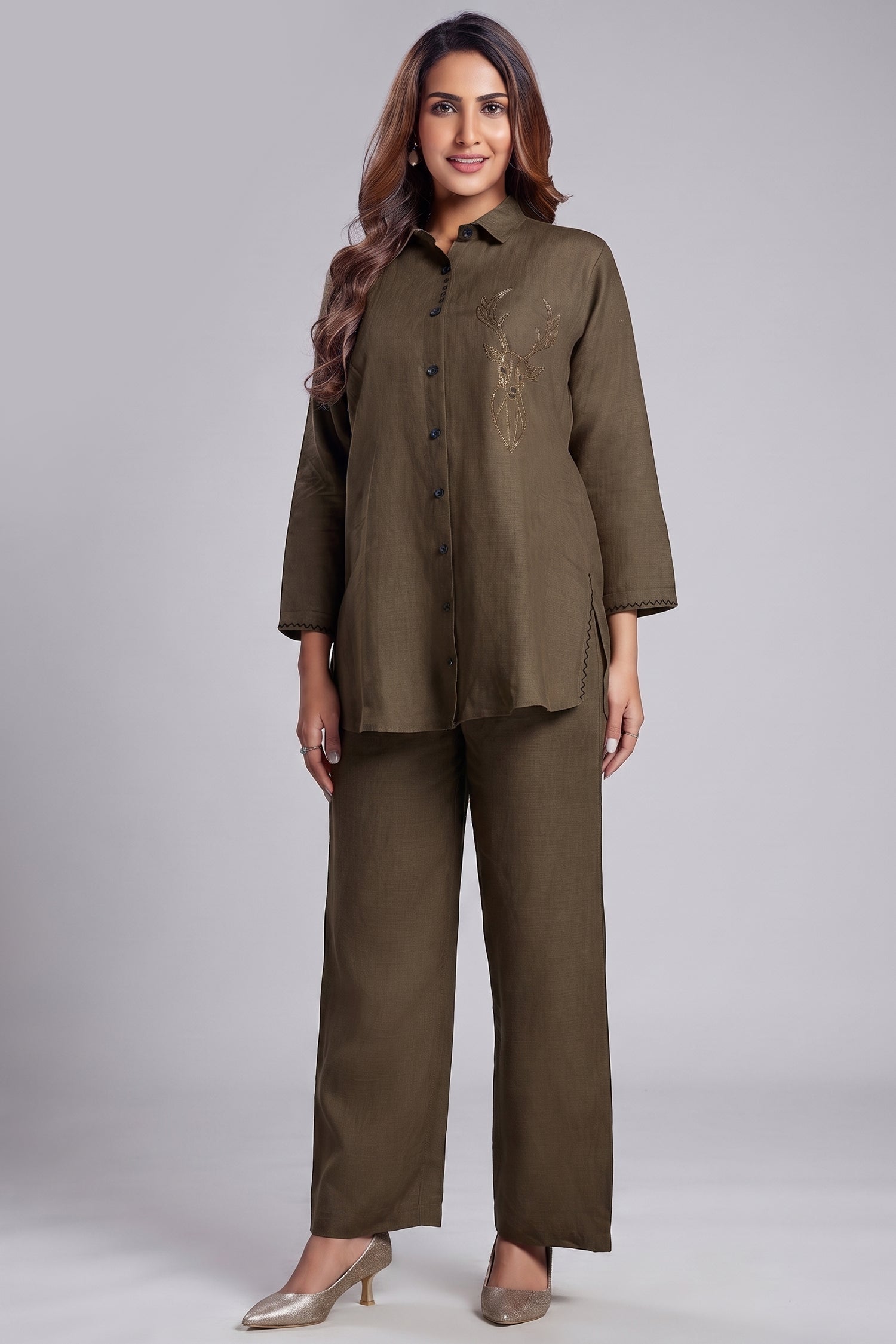 Dark Olive Green Linen Cutdana Worked Co-Ord Set Main image