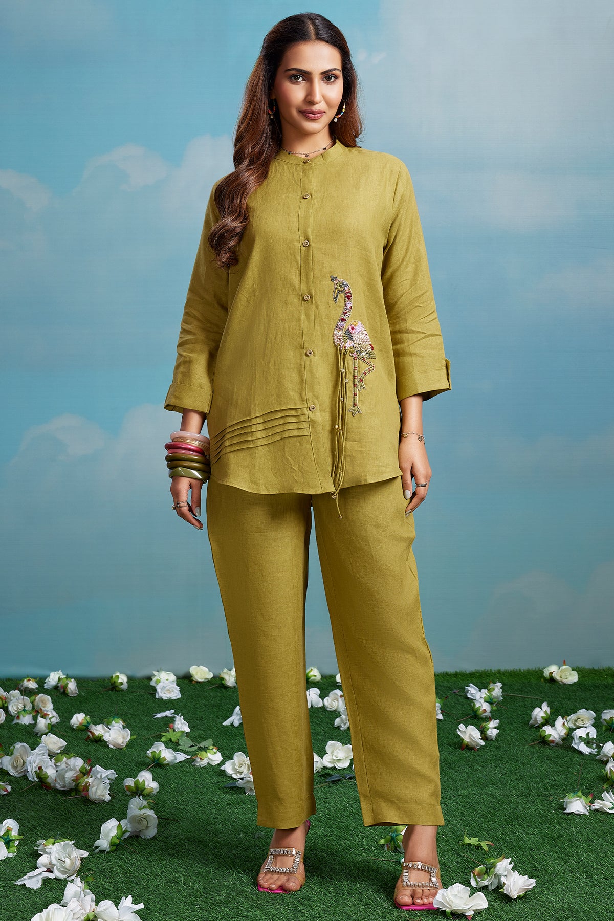 Olive Chartreuse Linen Co-ord Set featuring Hand-Embellished Flamingo Motif