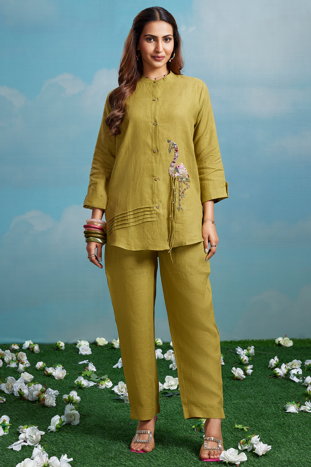 Olive Chartreuse Linen Co-ord Set featuring Hand-Embellished Flamingo Motif