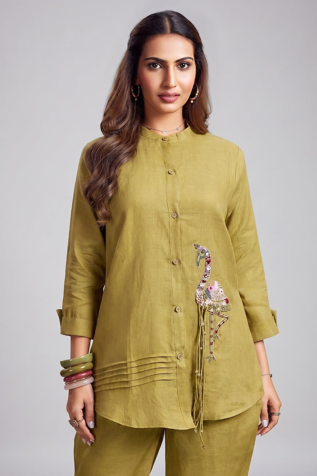 Olive Chartreuse Linen Co-ord Set featuring Hand-Embellished Flamingo Motif