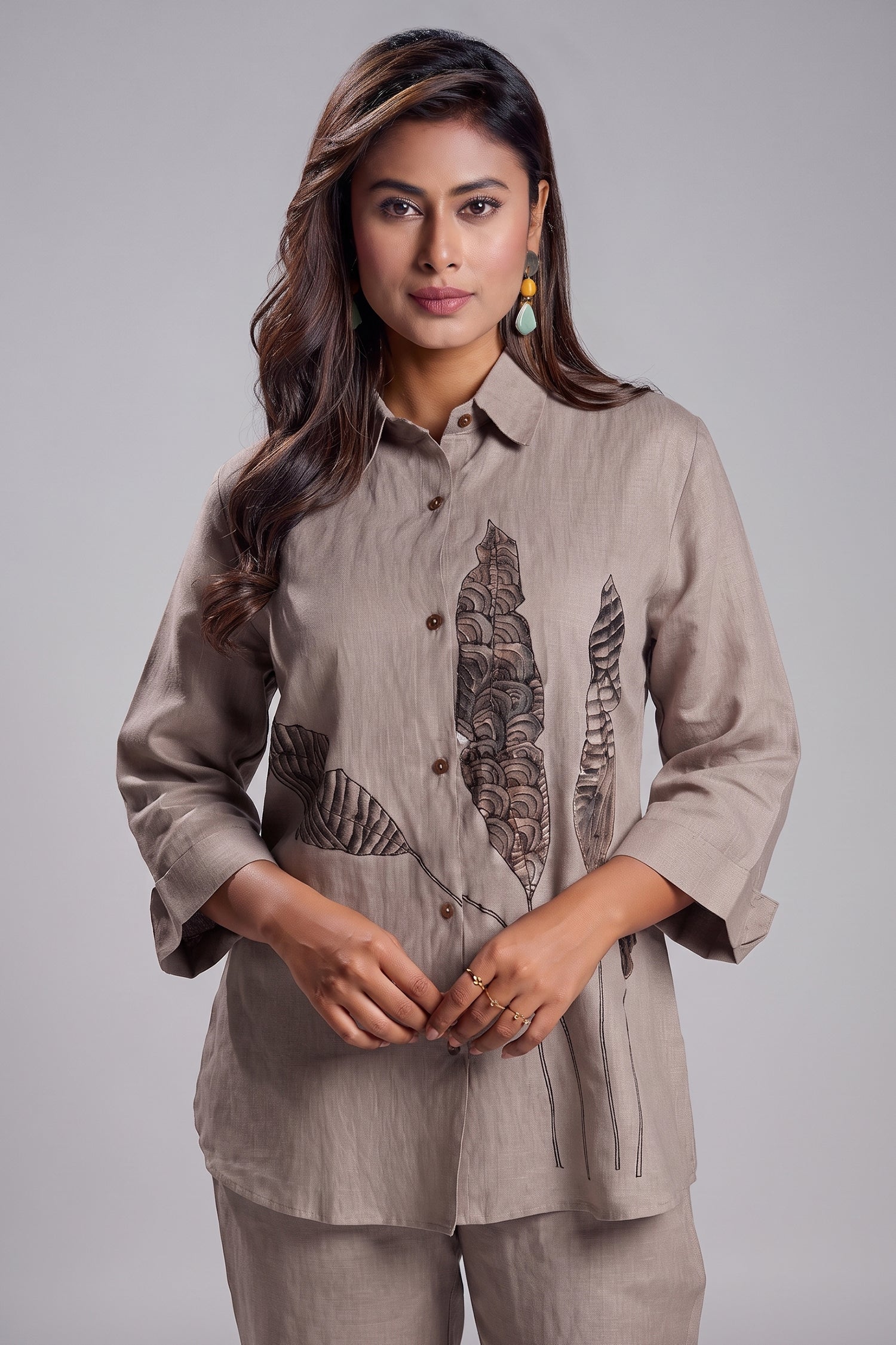 Taupe Leaf Printed Linen Co-Ord Set Secondary image