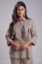 Taupe Leaf Printed Linen Co-Ord Set