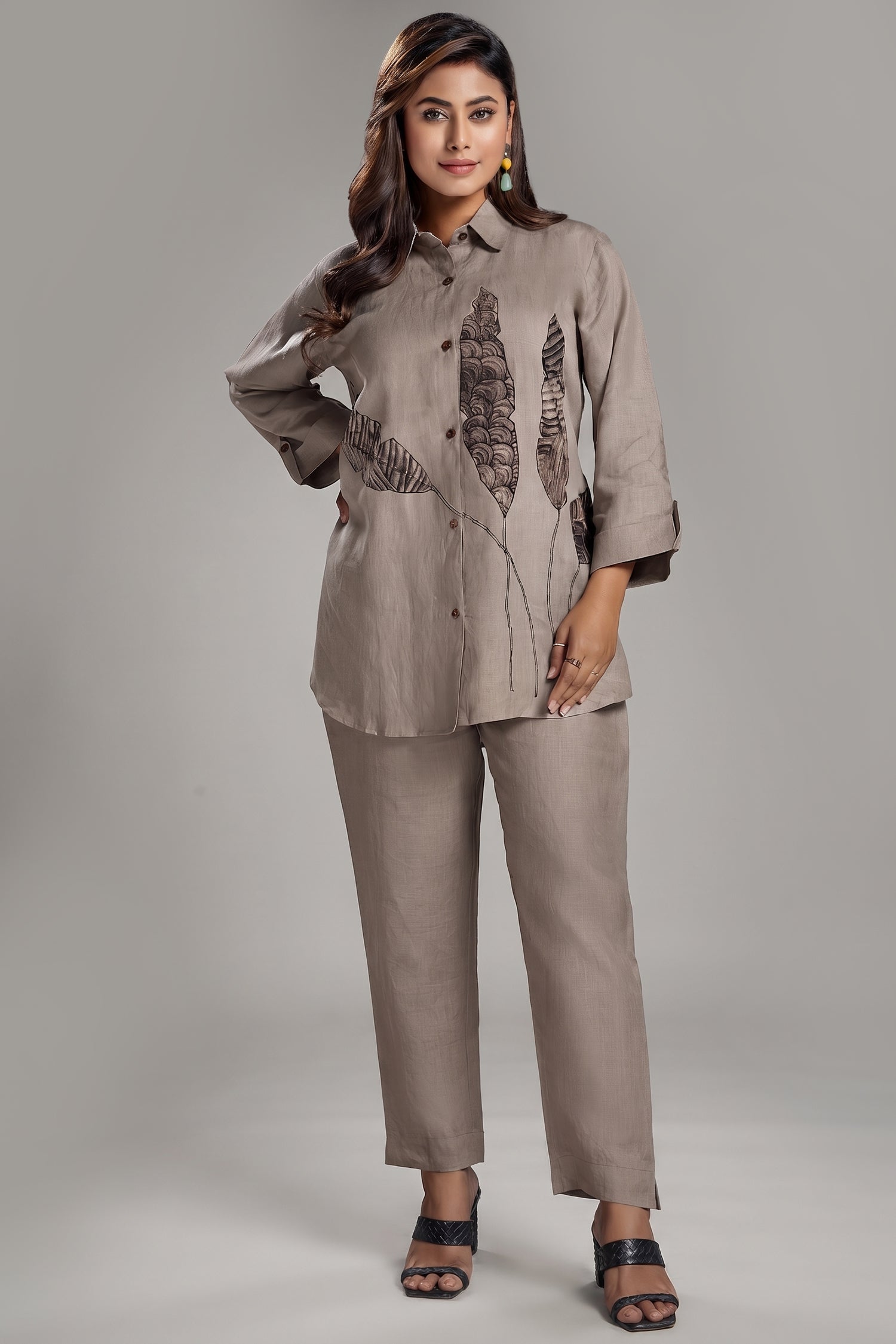 Taupe Leaf Printed Linen Co-Ord Set Main image