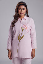 Light Pink Flower Motif Embroidered Linen Co-Ord Set