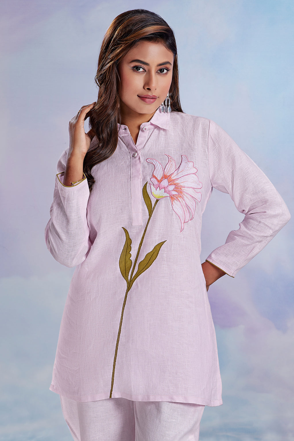 Light Pink Flower Motif Embroidered Linen Co-Ord Set