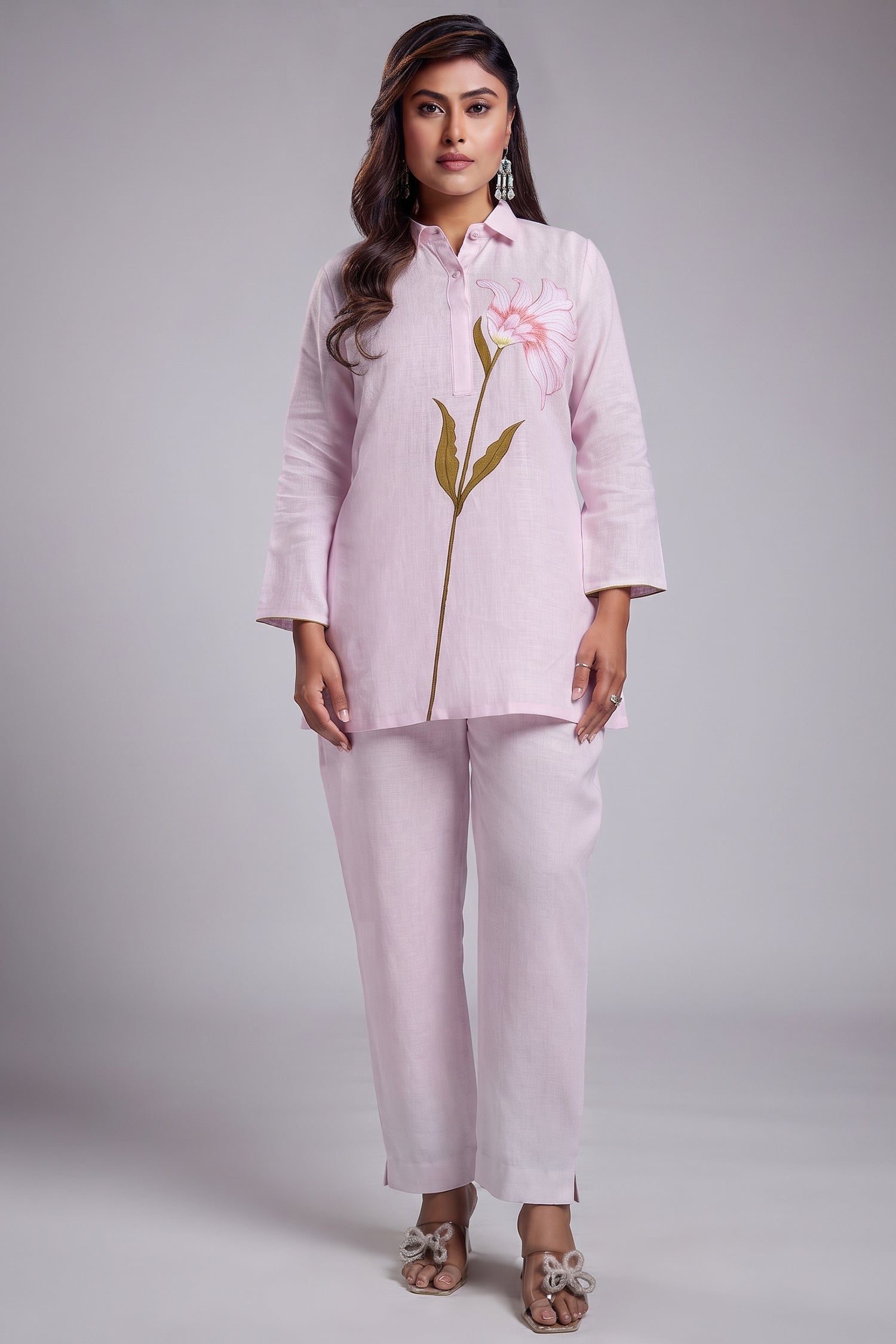 Light Pink Flower Motif Embroidered Linen Co-Ord Set Main image