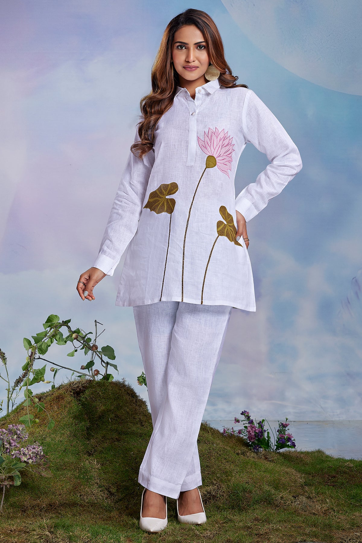 Pearl White Linen Flower Motif Co-Ord Set