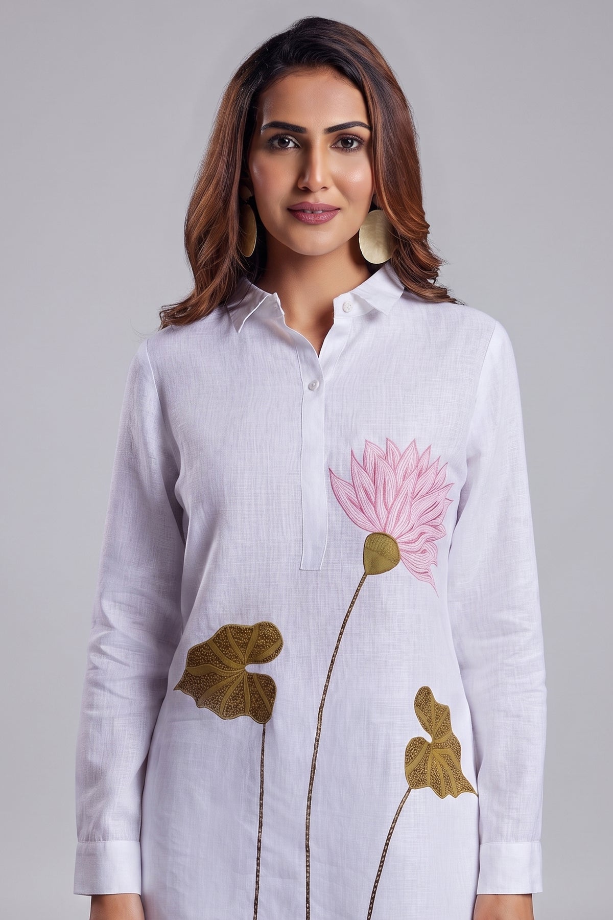 Pearl White Linen Flower Motif Co-Ord Set