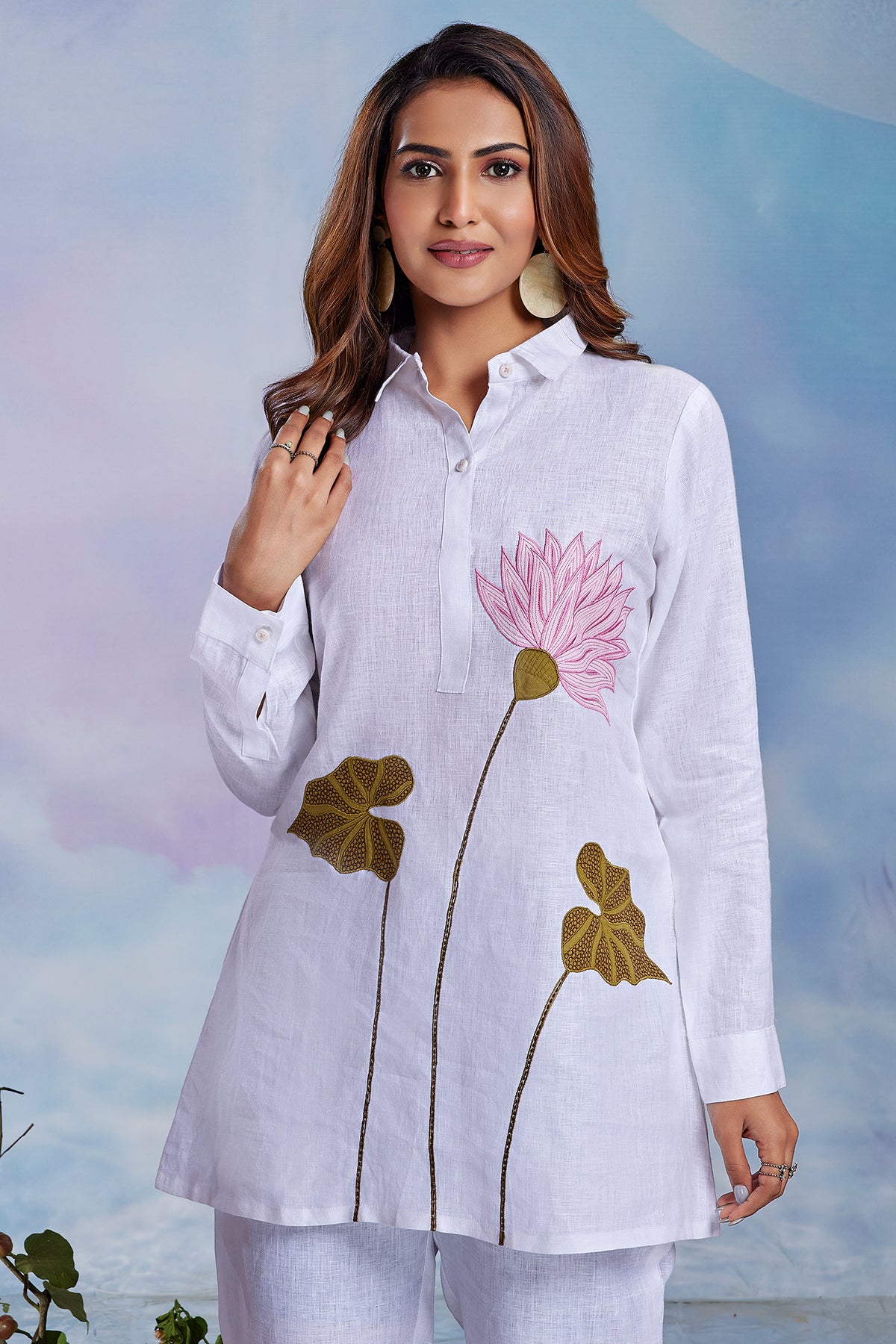 Pearl White Linen Flower Motif Co-Ord Set