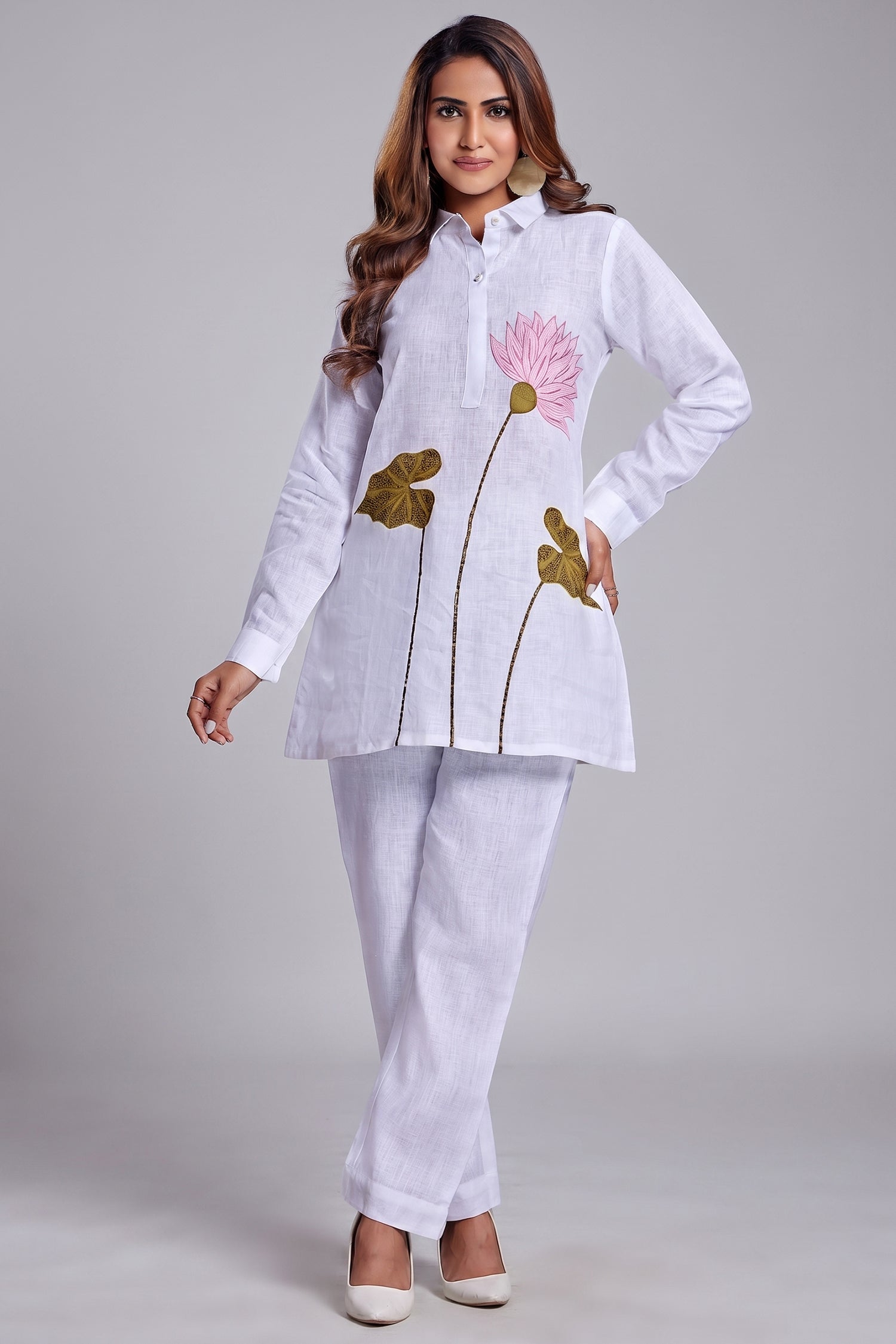 Pearl White Linen Flower Motif Co-Ord Set Main image