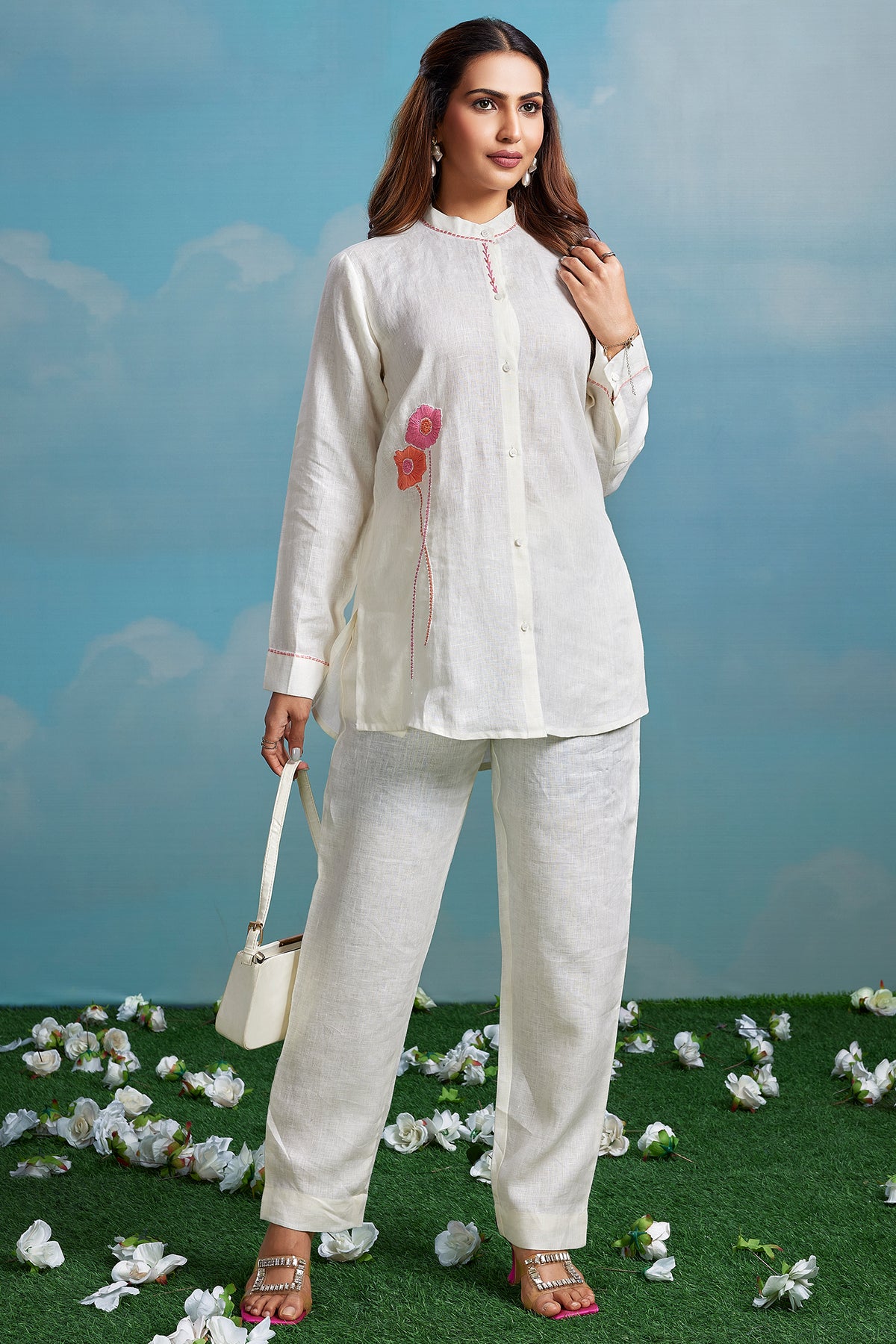 Pearl White Linen Flower Motif Embroidered Co-Ord Set