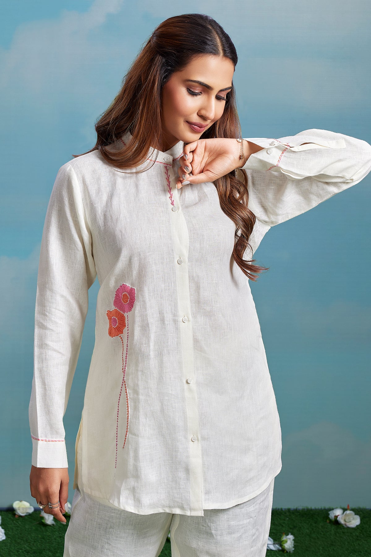 Pearl White Linen Flower Motif Embroidered Co-Ord Set