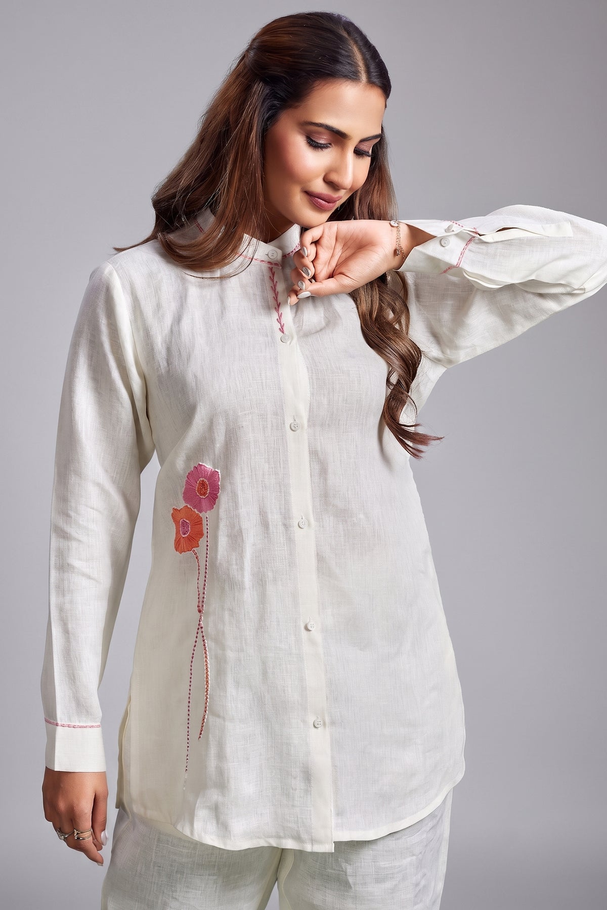 Pearl White Linen Flower Motif Embroidered Co-Ord Set