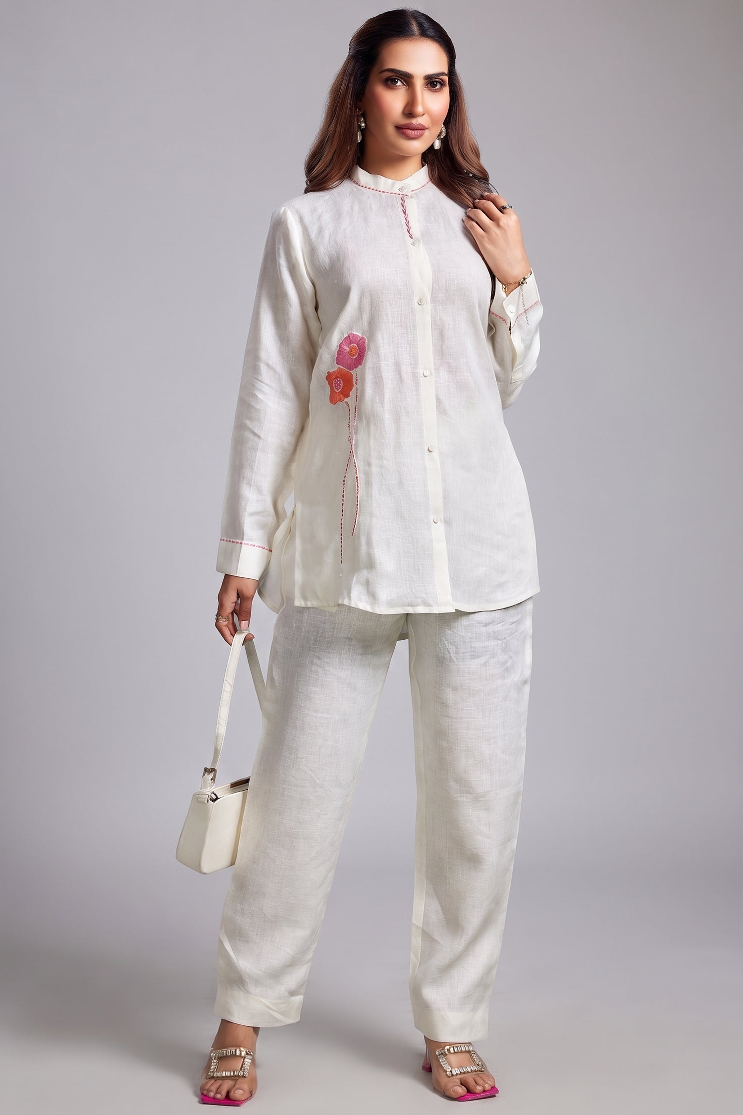 Pearl White Linen Flower Motif Embroidered Co-Ord Set Main image