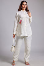 Pearl White Linen Flower Motif Embroidered Co-Ord Set