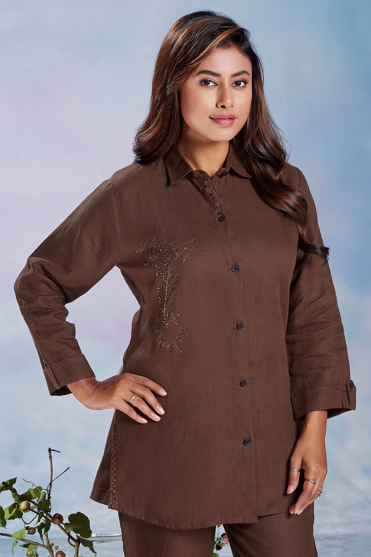 Brown Linen Cutdana Worked Co-Ord Set
