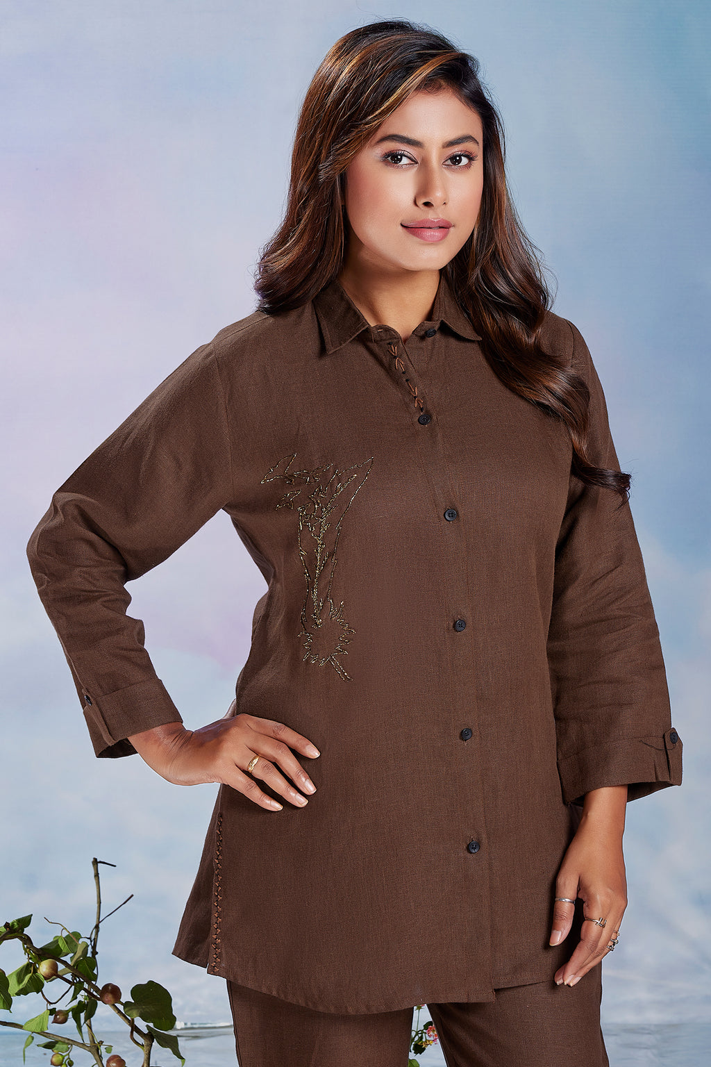 Brown Linen Cutdana Worked Co-Ord Set