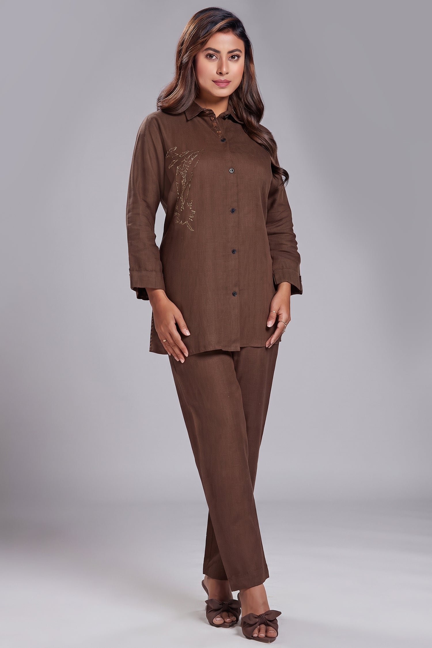Brown Linen Cutdana Worked Co-Ord Set Main image