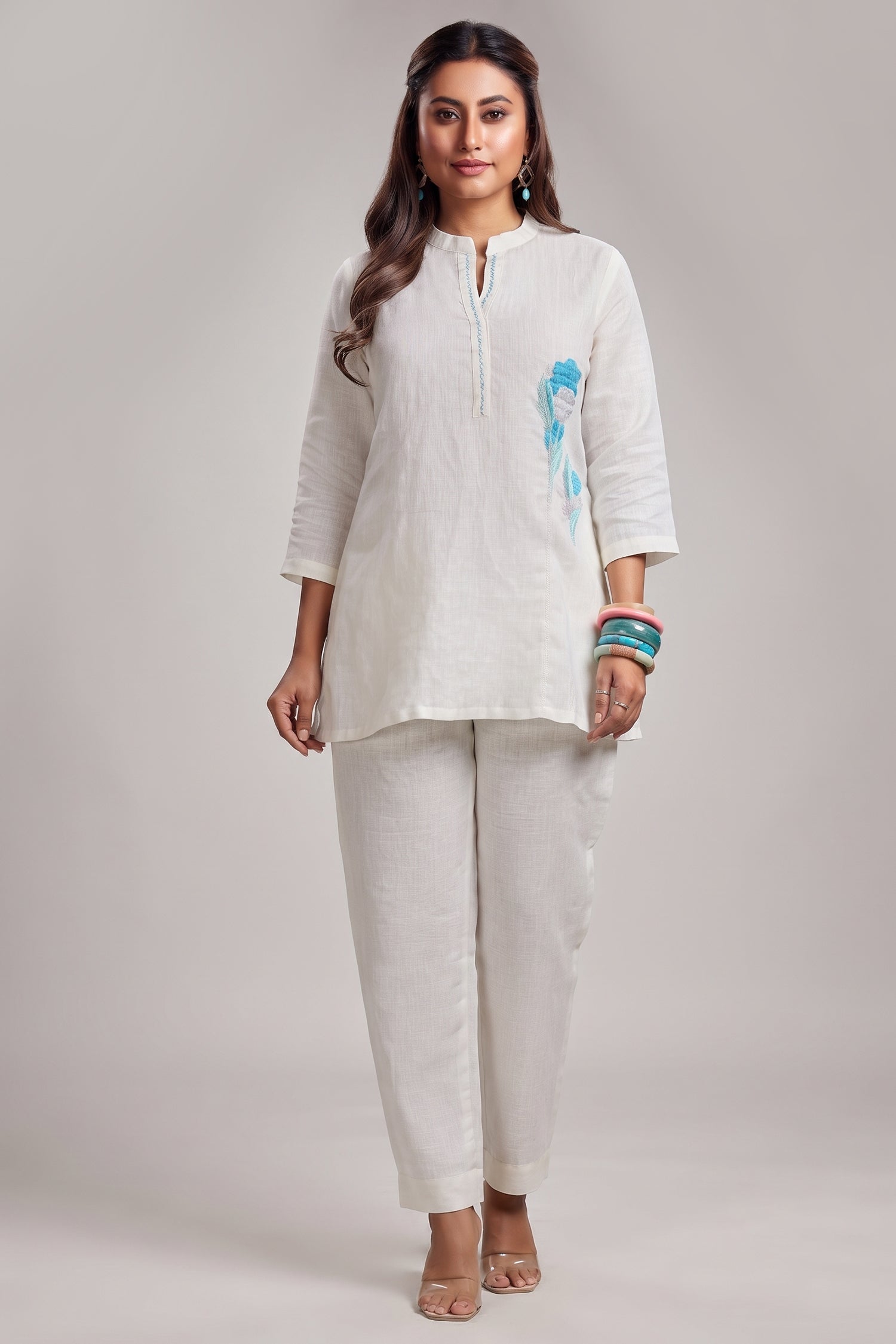 Pearl White Linen Flower Embroidered Motif Co-Ord Set Main image