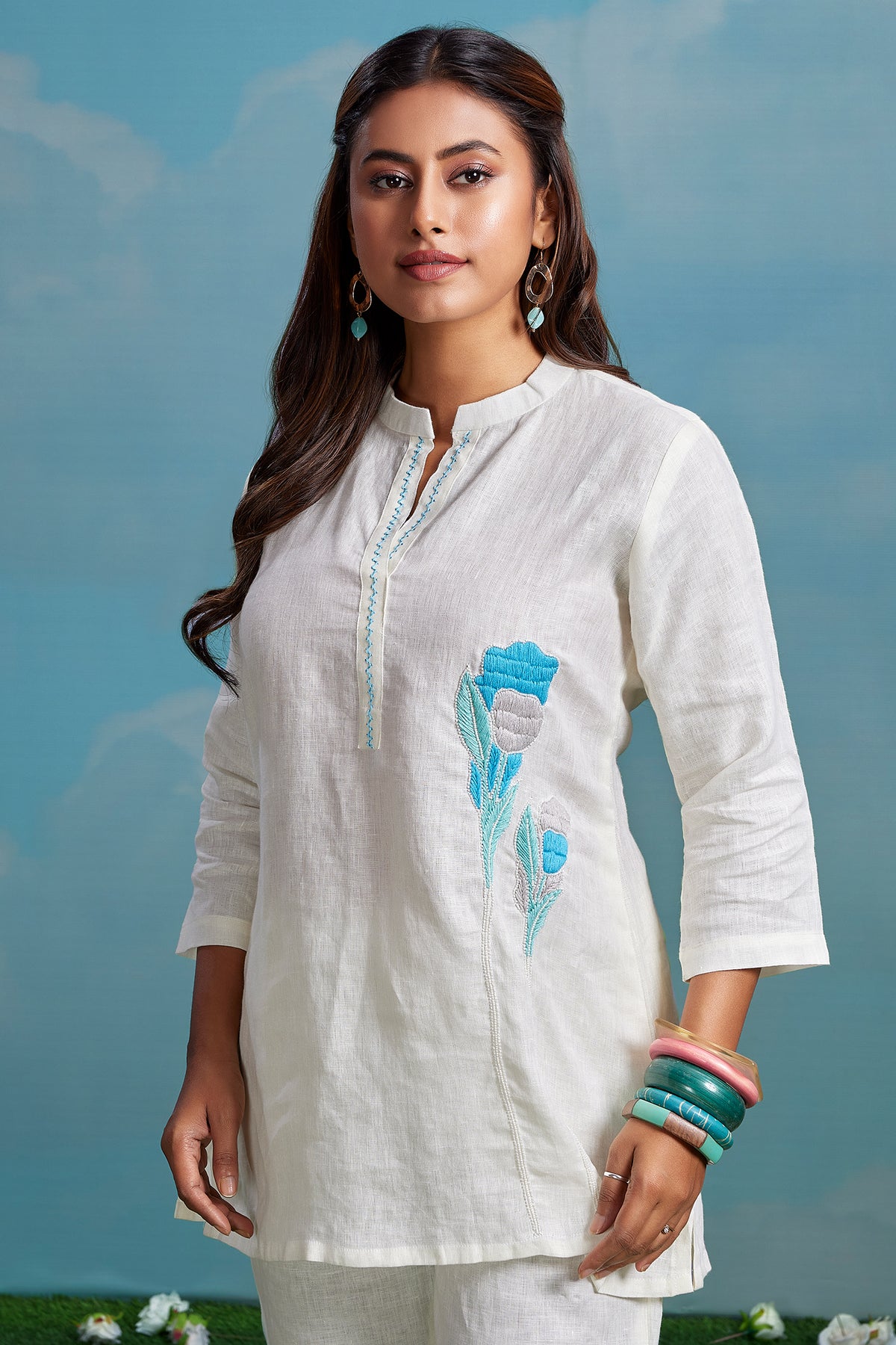 Pearl White Linen Flower Embroidered Motif Co-Ord Set