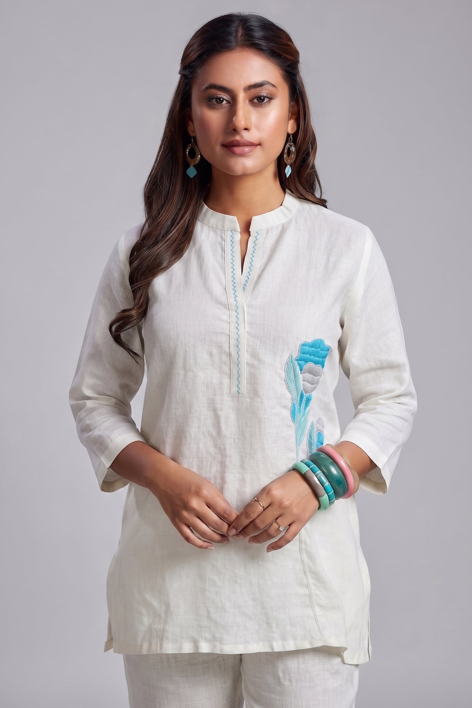 Pearl White Linen Flower Embroidered Motif Co-Ord Set Secondary image