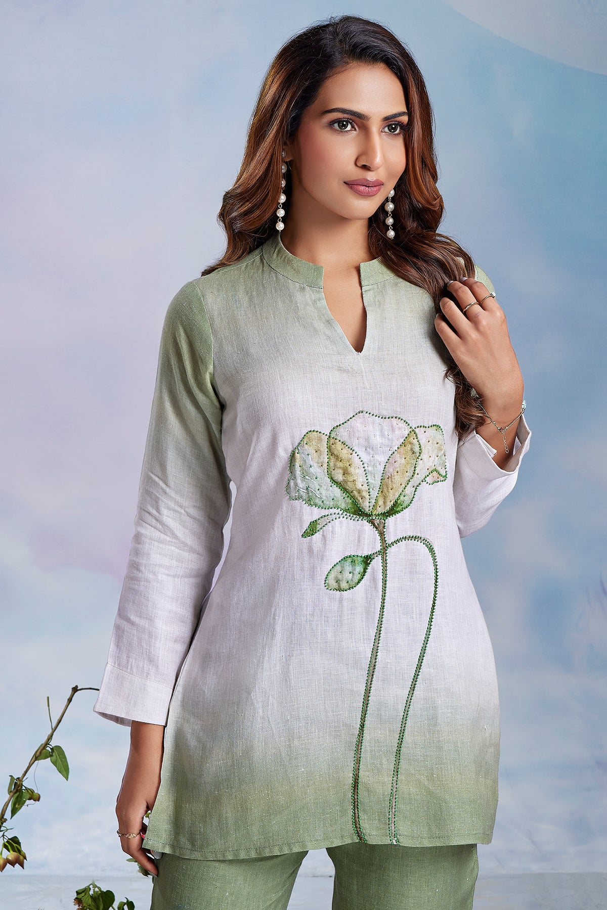 Multi Colored Linen Flower Motif Co-Ord Set