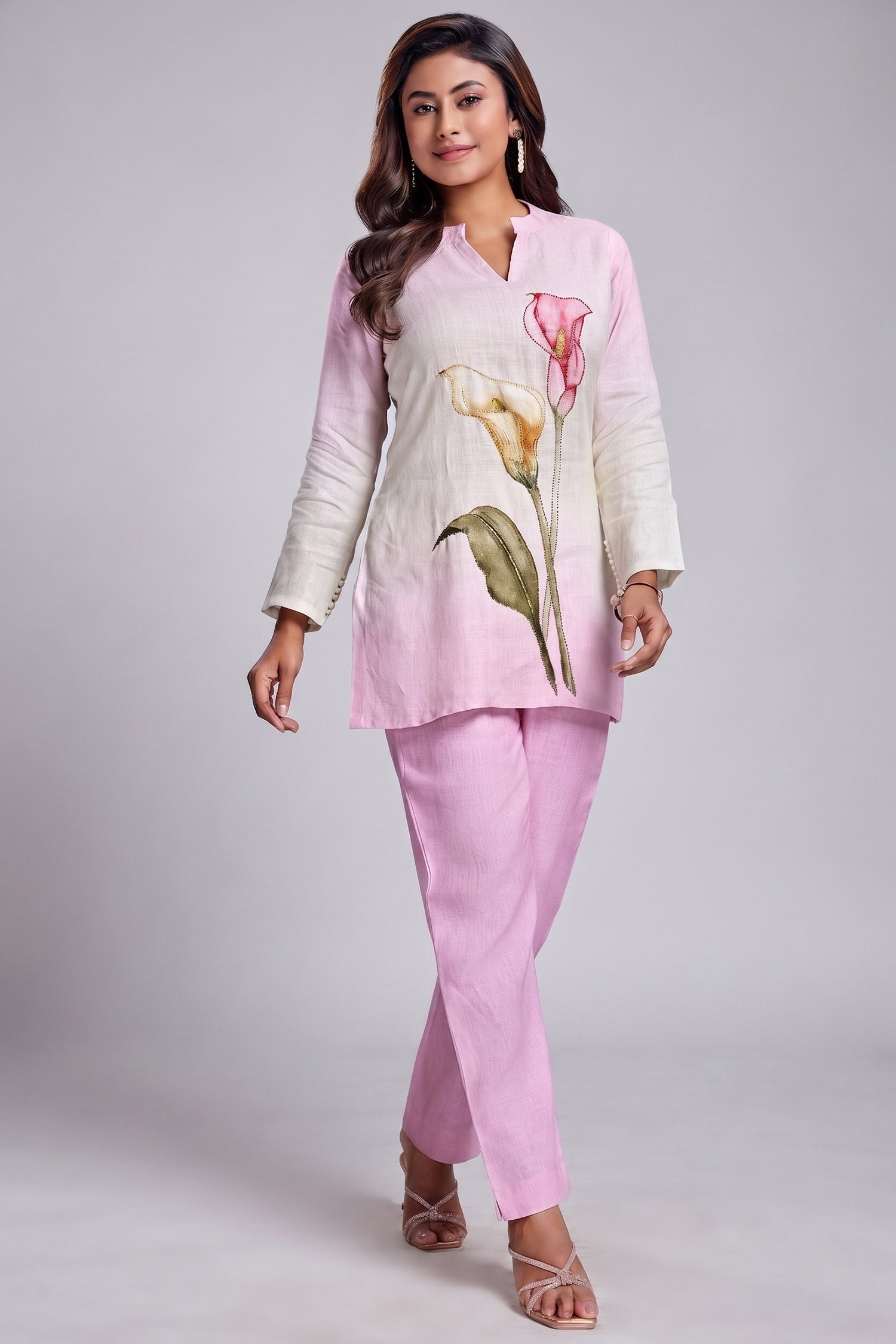 Multi Colored Linen Flower Motif Co-Ord Set Main image