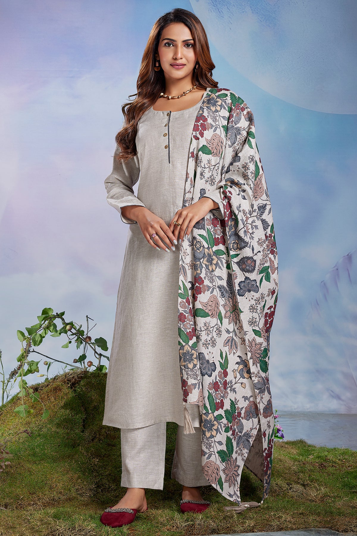 Light Grey Linen Straight Cut Kurta Set